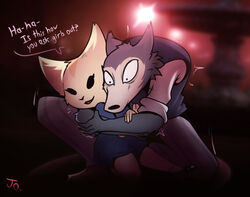  aggretsuko anthro beastars black_nose blue_clothing blue_dress blurred_background bottomwear bright canid canine canis cheek_tuft clothed clothing crossover dark dialogue dress duo english_text eyelashes facial_tuft female fennec_fox fenneko fox fully_clothed fur grey_body grey_fur hug hunched_over josephtl kneeling larger_male legoshi_(beastars) light male male/female mammal multicolored_body multicolored_fur open_mouth open_smile outside pants sanrio shaking shirt shoulder_grab size_difference smaller_female smile snout tan_body tan_fur text topwear true_fox tuft two_tone_body two_tone_fur vest wide_eyed wolf 