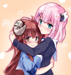  2girls ahoge blue_eyes blush breast_press breasts brown_eyes brown_hair chiyoda_momo curled_horns demon_girl demon_horns english_text hair_ornament hairclip heart horns hug interlocked_venus_symbols kemoyuri large_breasts long_hair machikado_mazoku multiple_girls pink_hair possessive school_uniform short_hair simple_background venus_symbol x_hair_ornament yoshida_yuuko_(machikado_mazoku) yuri 