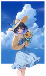  absurdres black_hair blue_choker blue_dress blue_eyes blue_hair blue_sky brown_hat butterfly_hat_ornament choker closed_mouth collarbone colored_inner_hair dress feet_out_of_frame female flower hat hat_ornament highres holding holding_flower honkai_(series) honkai_impact_3rd long_sleeves looking_at_viewer multicolored_hair outdoors outside_border seele_vollerei shenqi_xiao_hong_zai_nali short_hair sky smile solo standing straw_hat sunflower two-tone_hair yellow_flower 