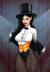  artist_name black_bow black_bowtie black_hair black_hat black_jacket black_panties blue_eyes bow bowtie breasts button_gap buttons closed_mouth collared_shirt cropped_jacket dc_comics earrings eyelashes female fishnet_pantyhose fishnets gloves hand_up hat highres indoors jacket jewelry justice_league lipstick long_hair looking_at_viewer makeup medium_breasts olena_minko open_clothes open_jacket panties pantyhose patreon_username red_lips shirt smile solo thick_thighs thighs top_hat underwear undressing watermark web_address white_gloves white_shirt zatanna_zatara 