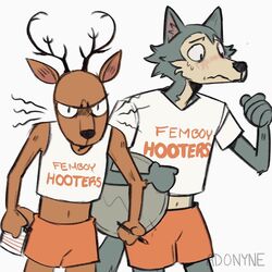  1:1 2020 adonyne alternate_version_at_source angry anthro antlers beastars biped blush bodily_fluids bottomwear brown_body brown_fur canid canine canis cervine clothing crop_top deer duo embarrassed english_text femboy_hooters fur grey_body grey_fur hi_res holding_object hooters_uniform horn legoshi_(beastars) louis_(beastars) male mammal midriff navel red_deer shirt shorts signature simple_background sweat sweatdrop tank_top text text_on_clothing text_on_shirt text_on_tank_top text_on_topwear topwear white_background wolf 