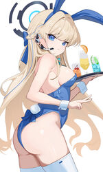  animal_ears aqua_bow aqua_bowtie armpit_crease ass bare_shoulders blonde_hair blue_archive blue_bow blue_eyes blue_halo blue_leotard bow bowtie braid breasts commentary_request curvy detached_collar earpiece eyes_visible_through_hair fake_animal_ears fake_tail female from_side hair_over_shoulder hairbow halo highleg highleg_leotard highres hitachi_sou holding holding_tray large_breasts leotard long_hair looking_at_viewer multicolored_hair official_alternate_costume paid_reward_available parted_lips playboy_bunny rabbit_ears rabbit_tail shiny_skin sideboob simple_background solo strapless strapless_leotard streaked_hair swept_bangs tail thighhighs toki_(blue_archive) toki_(bunny)_(blue_archive) tray v very_long_hair white_background white_thighhighs white_wrist_cuffs wrist_cuffs 