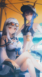  2girls absurdres arknights armpits bare_shoulders beach_umbrella belt bubble_tea ch&#039;en_(arknights) chair closed_mouth cloud commentary crop_top cup detached_sleeves dress eyewear_on_head female_tourist_c_(arknights) glasses hand_on_another&#039;s_shoulder hat highres holding holding_cup long_hair looking_at_viewer midriff multiple_girls navel official_alternate_costume parted_lips ribbon shaffelli shorts sidelocks sitting skadi_(arknights) skadi_(waverider)_(arknights) sky sleeveless standing thighs umbrella water 