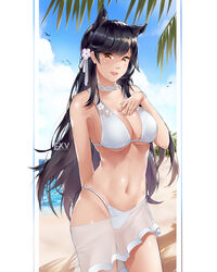  animal_ears artist_name atago_(azur_lane) atago_(summer_march)_(azur_lane) azur_lane beach bikini black_hair bow breasts brown_eyes commentary cowboy_shot day extra_ears exv female hand_on_own_chest highleg highleg_bikini highleg_swimsuit highres horizon large_breasts long_hair looking_at_viewer mixed-language_commentary mole mole_under_eye ocean official_alternate_costume outdoors photoshop_(medium) ribbon sarong solo swept_bangs swimsuit white_bikini white_bow white_ribbon white_sarong 