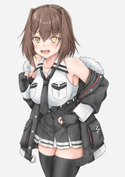  black_gloves black_thighhighs breasts brown_hair cosplay female fingerless_gloves furutaka_(kancolle) gloves hair_ornament hairclip highres jacket kantai_collection koru_pera large_breasts necktie open_clothes open_jacket shirt simple_background sleeveless sleeveless_shirt solo tenryuu_(kancolle) tenryuu_(kancolle)_(cosplay) thighhighs yellow_eyes zettai_ryouiki 