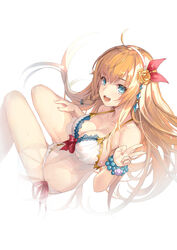  :d absurdres ahoge bare_shoulders bikini blue_eyes bracelet braid breasts chinese_commentary cleavage commentary_request female flower hairband highres jewelry long_hair looking_at_viewer medium_breasts musyne_xsk open_mouth orange_hair pecorine_(princess_connect!) pecorine_(summer)_(princess_connect!) princess_connect! simple_background smile solo swimsuit teeth v very_long_hair white_background white_bikini 