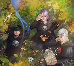  3boys alternate_form arms_behind_head arms_up bird bird_nest black_hair black_robe braid commentary egg emet-selch english_commentary final_fantasy final_fantasy_xiv from_above grass green_eyes hermes_(ff14) hood hood_down hythlodaeus long_hair long_sleeves looking_at_viewer lying male_focus mask mask_around_neck meteion multiple_boys on_back on_grass outdoors purple_eyes purple_hair robe short_hair signature silverling sitting sophist&#039;s_robe_(ff14) spriggan_(final_fantasy) white_hair yellow_eyes 