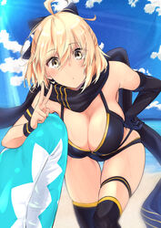  ahoge bare_shoulders bikini black_bikini black_bow black_gloves black_scarf black_thighhighs blonde_hair blue_sky blush bow breasts cleavage commentary day elbow_gloves fate/grand_order fate_(series) female gloves hair_between_eyes hairbow highleg highleg_bikini innertube large_breasts layered_bikini leaning_forward looking_at_viewer murio okita_j._souji_(fate) okita_j._souji_(first_ascension)_(fate) okita_souji_(fate) open_mouth scarf short_hair signature single_elbow_glove single_glove sky solo sunlight swim_ring swimsuit thigh_strap thighhighs thighs yellow_eyes 