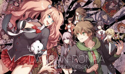  6+boys 6+girls ahoge anniversary asahina_aoi bear_hair_ornament black_gloves black_hair black_jacket black_shirt blonde_hair blue_eyes bow breasts brown_hair bullet celestia_ludenberg cleavage commentary copyright_name cross danganronpa:_trigger_happy_havoc danganronpa_(series) dark-skinned_female dark_skin enoshima_junko everyone floating floating_hair floating_object flower fujisaki_chihiro fukawa_toko glasses gloves green_eyes green_hoodie hagakure_yasuhiro hair_ornament hairclip hands_up highres hood hoodie iei ikusaba_mukuro ishimaru_kiyotaka jacket kirigiri_kyoko kuwata_leon long_hair looking_at_another looking_at_viewer maizono_sayaka medium_hair miyuzu monokuma multiple_boys multiple_girls naegi_makoto necktie ogami_sakura open_mouth owada_mondo plaid plaid_skirt ponytail red_bow red_eyes red_flower red_nails red_rose red_skirt rose sailor_collar school_uniform shirt short_hair shorts skirt smile teeth togami_byakuya tongue tongue_out twintails upper_teeth_only white_shirt yamada_hifumi 