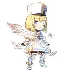  :t angel_wings armored_boots azur_lane blonde_hair blue_bow blue_bowtie bob_cut bodystocking boots bow bowtie chibi closed_mouth commentary_request dress eyepatch feathered_wings female flower_eyepatch frown full_body gauntlets hat highres kepi le_terrible_(azur_lane) looking_at_viewer military_hat nekomanma-sensei pout short_hair simple_background solo standing straight_hair vambraces white_background white_dress white_footwear white_wings wings 