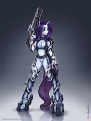 2014 3:4 absurd_res anthro anthrofied armor biped blue_eyes blue_eyeshadow clothing cuisse cutie_mark english_description equid equine exosuit eyeshadow female friendship_is_magic full-length_portrait futuristic futuristic_armor futuristic_clothing futuristic_gun futuristic_suit gauntlets gloves gun hair handwear hasbro hi_res horn machine makeup mammal my_little_pony mythological_creature mythological_equine mythology portrait power_armor purple_hair ranged_weapon rarity_(mlp) rifle sabatons science_fiction skinsuit solo spaulder standing text tight_clothing unicorn url vombavr weapon