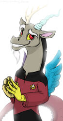 2012 antlers badge beard black_hair blue_body blue_feathers chimera discord_(mlp) draconequus eyebrows facial_hair fangs feathered_wings feathers friendship_is_magic hair hands_together hasbro hi_res horn male membrane_(anatomy) membranous_wings my_little_pony q_(star_trek) raised_eyebrow red_eyes smile solo spiggy-the-cat star_trek star_trek_the_next_generation teeth white_hair wings