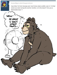 anthro artdecade bear biped electric_fan english_text male mammal nude oscillating_fan sitting sloth_bear solo text thought_bubble tumblr ursine willy_(artdecade)