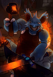 anvil apron blacksmith clothing detailed_background digital_media_(artwork) feral fire forging generation_1_pokemon hammer haychel holding_object holding_tool inside looking_at_object male melee_weapon nidoking nintendo pokemon pokemon_(species) shiny_pokemon smithing smithy solo standing sword tools weapon