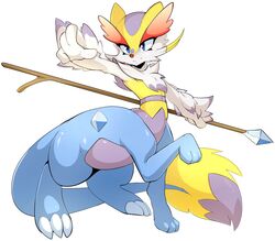 amaura blue_eyes braixen canid canine chimera female fossil_pokemon generation_5_pokemon generation_6_pokemon mammal melee_weapon mienshao nintendo pokemon pokemon_(species) pokemon_taur polearm simple_background slugbox solo staff taur taurification taurified weapon white_background