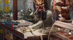 alcohol alien alien_(franchise) alien_vs._predator_(franchise) asian_mythology beverage brodo_asogian butcher butcher_shop chinese_mythology cigarette clothing crossover currency_amount darth_vader disney district_9 e.t. e.t._the_extra-terrestrial east_asian_mythology facehugger fangs food furniture gizmo_(gremlins) gloves gremlin gremlin_(gremlins) gremlins group handwear horim humanoid ketchup knife korean_text male mandibles meat mogwai mythology number pixar prawn_(district_9) predator_(franchise) price reptile restaurant scalie star_wars stormtrooper table teeth text wall-e wall-e_(character) waste_allocation_load_lifter_earth-class xenomorph yautja