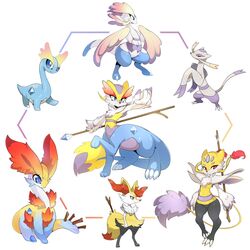 1:1 alternate_species amaura anthro blue_eyes braixen canid canine chimera claws dinosaur dinosaur_taur extinct fakemon female feral flat_chested fossil_pokemon fusion generation_5_pokemon generation_6_pokemon group hexafusion hi_res hybrid ken_sugimori mammal melee_weapon mienshao nintendo official_art pokemon pokemon_(species) pokemon_taur polearm prehistoric_species red_eyes reference_image reptile reptile_taur sauropod sauropod_taur sauropodomorph scalie scalie_taur simple_background slugbox staff taur taurification taurified weapon white_background wide_hips