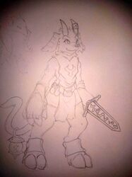 2008 anthro biped bovid caprice caprine claws clothed clothing demon fur goat grin hi_res hooves horn horn_jewelry horn_ring jewelry lamp lantern male mammal melee_weapon packmind ring_(jewelry) simple_background sketch smile solo standing sword weapon