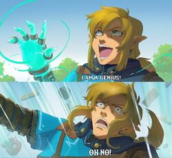  blonde_hair blue_eyes clothing dialogue ear_piercing ear_ring english_text eyecager genius hair humanoid humanoid_pointy_ears humor korok link long_hair male meme misfortune nintendo parody piercing ponytail rauru&#039;s_arm ring_piercing shirt smug solo tears_of_the_kingdom text the_legend_of_zelda topwear tunic 