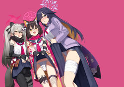  3girls :d animal_ear_fluff animal_ears aumann black_gloves black_hair black_pantyhose black_scarf blue_archive blue_halo blue_sailor_collar blue_skirt bridal_gauntlets brown_hair clothes_lift comiket_103 fingerless_gloves fox_ears fox_girl fox_hair_ornament gloves hair_over_one_eye halo highres izuna_(blue_archive) kunai lifting_own_clothes long_hair looking_at_viewer michiru_(blue_archive) multiple_girls neckerchief ninja ninjutsu_research_club_(blue_archive) open_mouth pantyhose pink_halo purple_scarf red_halo red_neckerchief red_scarf sailor_collar scarf school_uniform serafuku short_hair skirt skirt_lift smile tsukuyo_(blue_archive) weapon yellow_eyes 