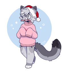  anthro blue_eyes bottomless bottomless_male candy candy_cane candy_cane_in_mouth christmas christmas_clothing christmas_headwear clothed clothing dessert digital_media_(artwork) dipstick_ears dipstick_tail dipstick_toes domestic_cat ear_markings egyptian_mau eyewear felid feline felis fleurfurr food fur glasses grey_body hair hat headgear headwear heart_symbol hi_res holidays male mammal markings multicolored_ears nixuelle oversized_clothing oversized_sleeves oversized_sweater oversized_topwear pink_clothing pink_nose santa_hat simple_background smile solo spots spotted_markings star sweater tail tail_markings topwear turtleneck 