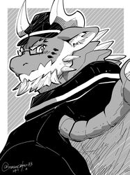  anthro blush clothing eyebrows eyewear facial_hair galvo glasses hat headgear headwear hi_res horn lifewonders line_art live_a_hero male masapeko33 mature_male monochrome solo thick_eyebrows wings 