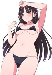  alternate_costume arm_above_head arm_up ass_visible_through_thighs bikini black_bikini black_hair blush breasts cafe_stella_to_shinigami_no_chou commentary cowboy_shot curvy eyes_visible_through_hair female flower from_below groin hair_flower hair_ornament hair_ribbon hairclip halterneck hand_up long_hair looking_at_viewer looking_down medium_breasts mole mole_under_eye navel parted_bangs parted_lips pink_ribbon ribbon shiki_natsume simple_background solo standing stomach straight_hair swimsuit very_long_hair white_background white_flower yellow_eyes zlmh7okwwbmghfo 