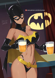  alcohol animal_print artist_name barbara_gordon bare_shoulders barleyshake bat_print batgirl batman_(series) batman_symbol beer beer_mug belt bikini black_gloves blue_eyes breasts cape cleavage closed_mouth covered_nipples cowboy_shot cup dark-skinned_female dark_skin dc_comics drink elbow_gloves empty_eyes female gloves highleg highleg_bikini highres large_breasts linea_alba looking_at_viewer mask midriff_peek mug shiny_clothes smile solo swimsuit toon_(style) window 