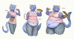  2020 ambiguous_gender anthro bag bell bell_collar belly belly_peeking_out big_belly blue_body blue_fur bottomwear cettus closed_eyes clothed clothing collar container cup dessert domestic_cat doughnut eating felid feline felis fit_to_fat food front_view fur happy hi_res holding_bag holding_container holding_cup holding_food holding_object hot_dog male mammal midriff moobs navel obese obese_anthro obese_male overweight overweight_anthro overweight_male pants paper_bag pastry pizza pizza_box robin_(rblxeevee) sequence shirt simple_background solo standing tail topwear weight_gain white_background 