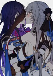  2girls armpit_crease bare_shoulders black_gloves black_headwear blue_hair blue_scarf blush breasts bronya_rand colored_inner_hair couple covering_another&#039;s_eyes cuffs detached_sleeves earrings elbow_gloves fingerless_gloves gloves grey_eyes grey_hair hand_on_another&#039;s_back handcuffs honkai:_star_rail honkai_(series) hug jewelry kissing large_breasts multicolored_hair multiple_girls scarf seele_(honkai:_star_rail) sieka_(piiroinardesco) simple_background upper_body white_background yuri 