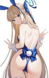  absurdres animal_ears ass bare_back blonde_hair blue_archive blue_bow blue_eyes blue_halo blue_leotard bow breasts commentary_request double_v fake_animal_ears fake_tail female from_behind hairbow halo highres kan&#039;yu_(citron_82) leotard long_hair looking_at_viewer looking_back medium_breasts official_alternate_costume open_mouth playboy_bunny rabbit_ears rabbit_tail sideboob simple_background solo strapless strapless_leotard tail thighhighs toki_(blue_archive) toki_(bunny)_(blue_archive) v very_long_hair white_background white_thighhighs white_wrist_cuffs wrist_cuffs 