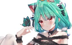  ahoge animal_ears blush brooch bug butterfly butterfly_on_hand cat_ears detached_collar dress ear_ribbon expressionless female frown green_hair hair_ornament heart heart_in_eye hololive ikazu401 jewelry knees_up long_hair low_twintails multicolored_hair off-shoulder_dress off_shoulder official_alternate_costume pantyhose red_eyes sitting skull skull_brooch solo symbol_in_eye twintails uruha_rushia uruha_rushia_(3rd_costume) virtual_youtuber wrist_cuffs 