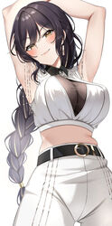  armpits arms_up bare_shoulders belt black_belt black_hair braid braided_ponytail breasts cleavage closed_mouth commentary_request cowboy_shot crop_top double-parted_bangs earrings female gawawawa hair_between_eyes highres idolmaster idolmaster_shiny_colors jewelry large_breasts long_hair looking_at_viewer low_ponytail midriff pants shirase_sakuya simple_background single_hair_tube sleeveless smile solo stomach white_background white_pants yellow_eyes 