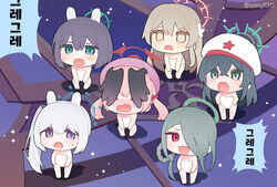  6+girls ainy beret black_hair blue_archive blue_halo blush brown_headwear chibi closed_eyes crayon_shin-chan green_eyes green_hair green_halo grey_hair haigure_pose hair_over_one_eye halo hat koharu_(blue_archive) korean_text light_brown_hair long_hair mina_(blue_archive) minori_(blue_archive) miyako_(blue_archive) multiple_girls nagisa_(blue_archive) naked_towel open_mouth pink_hair pink_halo purple_eyes red_eyes red_halo saki_(blue_archive) short_hair smile towel twintails white_towel yellow_eyes 