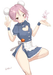  apron blue_dress breasts bun_cover china_dress chinese_clothes cleavage clothing_cutout cowboy_shot double_bun dress female frilled_apron frills hair_bun heart_cutout highres kantai_collection one-hour_drawing_challenge pink_eyes pink_hair puffy_short_sleeves puffy_sleeves rabbit sazanami_(kancolle) short_hair short_sleeves simple_background small_breasts standing standing_on_one_leg tetsukuzu_(yajirushi_shita) white_apron white_background wristband 