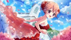  :d bare_shoulders blue_flower blue_petals blue_sky blurry blurry_foreground breasts church cloud corset cross day dot_nose dress dress_flower dutch_angle falling_petals female film_grain floral_print flower from_side game_cg haeno_akari hair_bun hair_flower hair_ornament hair_up hydrangea izumi_tsubasu large_breasts looking_at_viewer looking_to_the_side non-circular_lens_flare non-web_source official_art open_mouth orange_hair outdoors petals pink_flower pink_petals print_dress purple_eyes re:stage! red_corset red_dress red_flower red_rose rose see-through_skirt_layer short_hair sideboob single_hair_bun skirt_hold sky smile solo strapless strapless_dress sun tree 