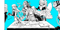  2boys 5girls animal_ear_fluff animal_ears artist_name ashiya_douman_(fate) bell blue_background bodysuit book breasts buddhist_nun center_opening cernunnos_(fate) character_print choker cloak closed_eyes closed_mouth coif computer crown cup diamond_hairband dress earrings emphasis_lines facing_another facing_viewer fate/grand_order fate_(series) fingernails fox_ears fox_girl fox_tail fujimaru_ritsuka_(female) fur-trimmed_cloak fur-trimmed_jacket fur_trim glasses greyscale_with_colored_background hair_bell hair_between_eyes hair_ornament hair_ribbon hananoe_(hananoe_shio) hand_on_own_cheek hand_on_own_face hat head_rest highres holding holding_clothes holding_jacket holding_pen holding_tray jacket jewelry jingle_bell kama_(fate) kama_(second_ascension)_(fate) koyanskaya_(assassin)_(first_ascension)_(fate) koyanskaya_(fate) koyanskaya_(foreigner)_(second_ascension)_(fate) laptop large_breasts long_hair long_sleeves looking_at_viewer looking_back looking_down magatama magatama_earrings medium_hair monochrome mug multiple_boys multiple_girls necklace nun oberon_(fate) oberon_(third_ascension)_(fate) open_mouth pants parted_lips pen print_cup ribbed_sweater ribbon ruler sessyoin_kiara sharp_fingernails shikigami sidelocks smile star_(symbol) sweater table tail tamamo_(fate) teeth thighhighs top_hat translation_request tray unworn_jacket upper_teeth_only veil very_long_fingernails 