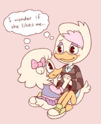  age_difference anatid anseriform anthro avian bird blush bottomless bow_ribbon butch/femme clothed clothing digital_media_(artwork) disney dress duck ducktales ducktales_(2017) duo english_text eyeshadow female female/female footwear hand_holding hi_res lena_(ducktales) lolicon makeup momiji-kun pink_background shoes simple_background sneakers sweater text thought_bubble tomboy topwear webby_vanderquack young 