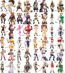  6+girls abs alternate_costume before_and_after black_hair blue_hair breasts brown_hair character_request commentary_request dark_skin fighting_stance grey_hair highres kendo midriff multiple_girls muscular muscular_female original pantyhose reference_sheet retro_artstyle short_hair taroimo_(00120014) thighhighs translation_request waving white_background wrestling wrestling_boots wrestling_outfit 