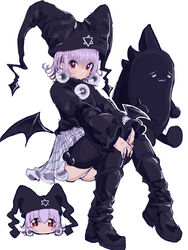  absurdres blush blush_stickers boots creature demon_wings earrings expressionless female flipped_hair hat hexagram highres jewelry kuro_unyuu long_sleeves looking_at_viewer low_wings mayura mugi_(mugimugi_9kv) panties pantyshot plaid plaid_skirt purple_eyes purple_hair short_hair sitting skirt star_of_david thigh_boots ukagaka underwear wings 