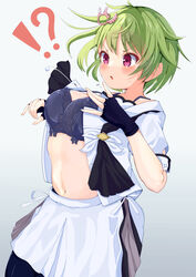  !? \||/ accidental_pervert aosakana_com ascot black_ascot black_bra black_gloves blush bra breasts commentary_request cowboy_shot crocodile_hair_ornament female fingerless_gloves floral_print flying_button flying_sweatdrops gloves gradient_background green_hair grey_background hair_between_eyes hands_up highres large_breasts looking_at_object midriff navel nomura_miki open_clothes open_mouth open_shirt partial_commentary pink_eyes popped_button puffy_short_sleeves puffy_sleeves school_uniform shirt short_hair short_sleeves simple_background skirt solo standing stomach summer_pockets surprised underwear v-shaped_eyebrows wardrobe_malfunction white_shirt white_skirt 