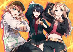  3girls aqua_eyes bad_id bad_twitter_id black_hair black_jacket black_pants black_shorts blonde_hair blush boombox brown_headwear bullfalk chains clenched_hand eyewear_on_head gold_belt green_jacket hat highres hinoshita_kaho holding holding_boombox holding_microphone hood hood_up hooded_jacket hoodie jacket link!_like!_love_live! long_hair long_sleeves looking_at_viewer love_live! medium_hair microphone multiple_girls murano_sayaka navel open_clothes open_jacket open_mouth orange_hair osawa_rurino pants print_hoodie red_shirt shirt shorts smile star-shaped_eyewear star_(symbol) twintails upper_body v-shaped_eyebrows virtual_youtuber white_hoodie 