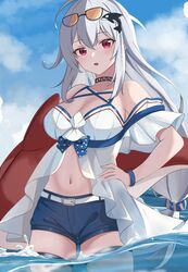  :o absurdres arknights bare_shoulders belt black_choker blue_shorts blue_sky breasts choker cleavage cloud commentary cowboy_shot day eyewear_on_head female grey_hair hand_on_own_hip highres large_breasts long_hair navel no_headwear off-shoulder_shirt off_shoulder ooarai_school_uniform orca_hair_ornament red_eyes school_uniform shirt short_shorts short_sleeves shorts skadi_(arknights) skadi_(waverider)_(arknights) sky solo standing stomach sunglasses thigh_strap thighs very_long_hair wading water white_belt white_shirt zerosama_(sailuojiang) 