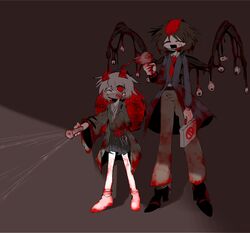  2others belt black_footwear black_skirt blood blood_on_clothes blood_on_hands blood_on_leg blood_on_mask blue_coat brown_background brown_belt brown_hair brown_pants celeritas_lumen coat collared_shirt colored_skin commentary flashlight full_body haori height_difference highres holding holding_flashlight holding_power_drill japanese_clothes kimono kokutenshi_hibaru len&#039;en ling_s long_sleeves mask mouth_mask multiple_others necktie no_nose no_shoes one_eye_closed open_mouth other_focus pants pleated_skirt red_headwear red_necktie shirt short_hair simple_background skirt smile socks standing symbol-only_commentary white_hair white_kimono white_shirt white_skin white_socks wings 