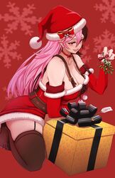  alternate_breast_size alternate_costume bare_shoulders bell belt black_thighhighs bow box breasts brown_belt brown_eyes brown_hair choker christmas christmas_present cleavage collarbone commentary detached_sleeves dress english_commentary female full_body fur-trimmed_dress fur-trimmed_headwear fur-trimmed_sleeves fur_trim garter_straps gift gift_box hair_between_eyes hand_up hat hat_bow heterochromia highres holding holding_mistletoe jewelry jingle_bell large_breasts leather_belt long_hair looking_at_viewer mistletoe moddedjoker multicolored_hair neo_politan open_mouth pink_eyes pink_hair pom_pom_(clothes) red_background red_bow red_dress red_hat red_sleeves ring rwby santa_costume santa_dress santa_hat sidelocks sitting skindentation smile snowflake_background solo thighhighs two-tone_hair 