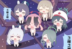  6+girls ainy animated animated beret black_hair blue_archive blue_halo blush brown_headwear chibi closed_eyes crayon_shin-chan green_eyes green_hair green_halo grey_hair haigure_pose hair_over_one_eye halo hat koharu_(blue_archive) korean_text light_brown_hair long_hair mina_(blue_archive) minori_(blue_archive) miyako_(blue_archive) multiple_girls nagisa_(blue_archive) naked_towel open_mouth pink_hair pink_halo purple_eyes red_eyes red_halo saki_(blue_archive) short_hair smile towel twintails white_towel yellow_eyes 