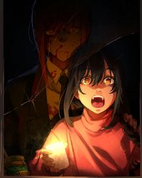  2girls absurdres black_hair blood blood_on_face broken broken_mirror candle chainsaw_man closed_mouth english_commentary highres holding holding_candle horror_(theme) khyle. looking_at_viewer makima_(chainsaw_man) mirror multiple_girls nayuta_(chainsaw_man) open_mouth orange_eyes peanut_butter red_hair reflection reincarnation ringed_eyes scared skippy_(brand) 