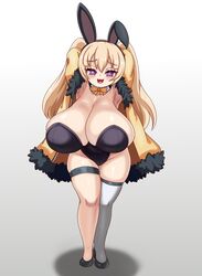  +_+ alternate_breast_size alternate_costume animal_ears armpits arms_up azur_lane bache_(azur_lane) black_leotard blonde_hair blush bow bowtie breasts cleavage detached_collar fake_animal_ears female highres huge_breasts jacket leotard long_hair nav_(itsnav) open_clothes open_jacket open_mouth playboy_bunny plump purple_eyes shortstack simple_background single_thighhigh smile solo thick_thighs thigh_strap thighhighs thighs twintails very_long_hair 