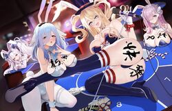  2024 4girls absurdres ace_(playing_card) ace_of_diamonds all_fours animal_ear_hairband animal_ears ass azur_lane bare_shoulders blonde_hair blue_hair blue_leotard blurry blurry_background body_writing boots breast_rest breasts card cleavage constellation_(azur_lane) constellation_(galaxy&#039;s_finest)_(azur_lane) detached_collar diamond_(shape) fake_animal_ears fake_tail full_body gloves guam_(azur_lane) guam_(stage-setting_charmer)_(azur_lane) hair_between_eyes hair_over_one_eye hairband happy_new_year high_heel_boots high_heels highres holding holding_microphone huge_breasts indoors laffey_(azur_lane) laffey_ii_(azur_lane) laffey_ii_(sleepy_on_a_busy_day)_(azur_lane) large_breasts leotard long_hair looking_at_viewer louisville_(an_order_of_dreams)_(azur_lane) louisville_(azur_lane) lying microphone multiple_girls official_alternate_costume on_side open_mouth pantyhose playboy_bunny playing_card poker_chip purple_hair rabbit_ears rabbit_tail star-shaped_pupils star_(symbol) symbol-shaped_pupils tail thigh_boots thong_leotard twintails undersized_breast_cup white_gloves white_hair white_leotard white_pantyhose zhanggong 