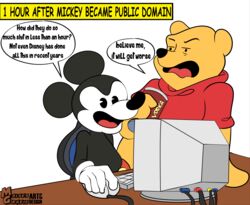  absurd_res alcohol bear beverage beverage_can black_body bottomless chair clothed clothing computer computer_keyboard computer_monitor computer_mouse copyright crossover desk disney electronics english_text entering_public_domain furniture gloves handwear hi_res humor mammal mickey_mouse mickey_mouse_shorts moisesgrafic mouse murid murine office_chair open_mouth pooh_bear red_clothing red_shirt red_topwear rodent shirt speech_bubble table text tongue topless topwear vodka white_clothing white_gloves white_handwear winnie_the_pooh_(franchise) yellow_body 